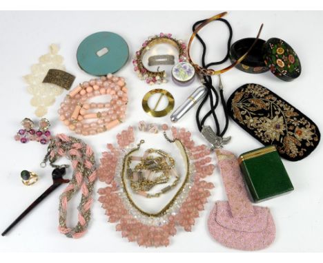 Collection of accessories including large compact with small mother of pearl inlay, atomiser, pill box, trinket boxes, pink b