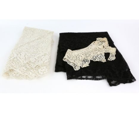 Large triangular Maltese Shawl 190cm x 95cm, Maltese cream lace collar, and black lace silk shawl 2metres x 117cm          Ma