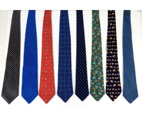 5 Hermes ties to include Dogs, Elephants, Floral and Geometric patterns, and three others (8)         