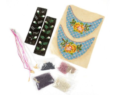 Beadwork - 1 pair of Victorian beaded slipper fronts, 1 pair of black velvet cuffs, bead embroidered, Ring of assorted beads,
