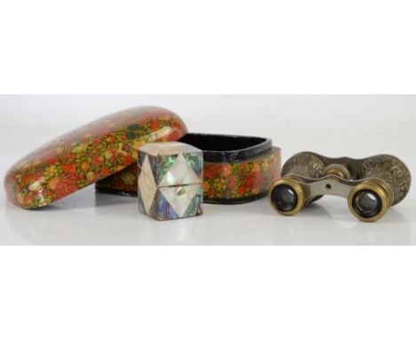 Indian Kashmir floral papier mache  trinket box and cover 10cm depth  x 16.5cm wide, and 7cm high, pair of gilt metal opera g