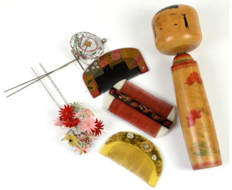 Vintage hair accessories - Oriental combs and pins, celluloid comb inlaid with mother of pearl flowers, together with a Kokes