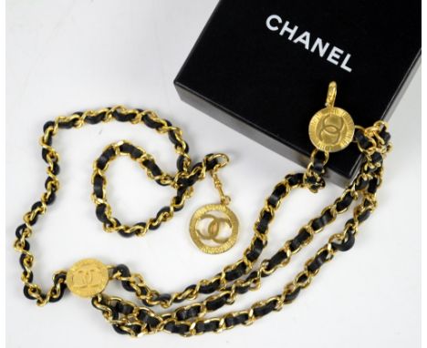 Classic vintage Chanel leather and gilt metal chain belt with medallion style pendant (marked 1984 on hook fastener) with box