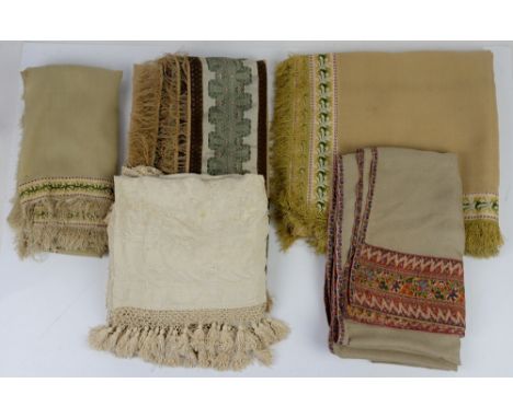 A 19th century silk Shawl edged with Paisley borders in rust, yellow, blue, green, orange and brown 252cm x 70cm, a Victorian