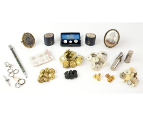 A group of textiles accessories, including sets of buttons, dress studs, silver topped ring boxes, gilt frame portraits and o