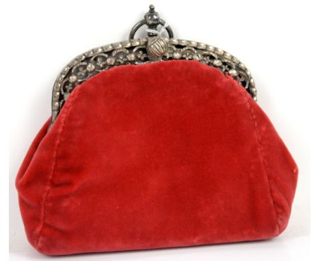 19th century raspberry handbag with French silver frame and cut steel work to front, leather lined, ring handle NB appears to
