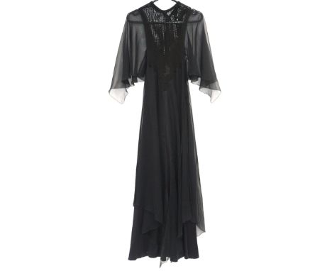 Hilary Floyd of London black voile panelled full length evening dress with jersey skirt and crochet effect see through panel 