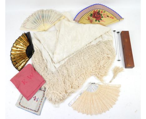 A 1920s  cream silk embroidered shawl with deep fringe 144cm x 150cm a collection of 4 fans in bone, in various materials inc