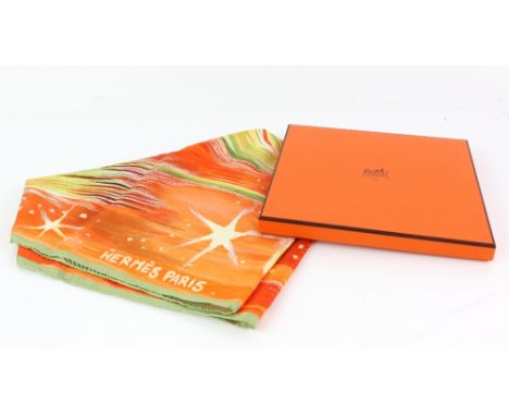 Hermes silk scarf Feux de Ciel  by Kwumi Sefedin, designed in 2000 in orange, yellow and green in original box          