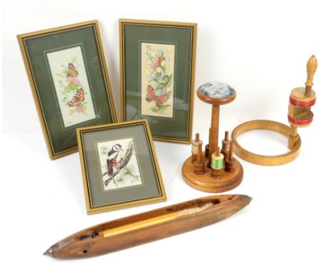 Needlework tools and pictures - Cotton reel wooden holder with pincushions - Wooden shuttle with yellow silk spool - Embroide