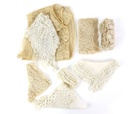 Small quantity of Brussels lace comprising collar handkerchief and sleeveless short blouse together  with 3 hankies and coars