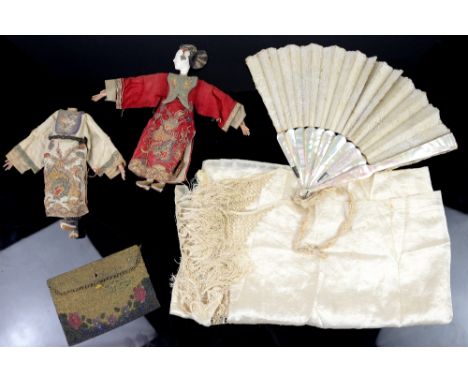 Collection of items to include a cut steel beaded purse, a Honiton lace fan with mother of pearl sticks, a cream silk stole w