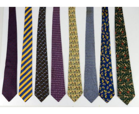 5 Hermes ties one with Dolphin, Swan and floral and anchor and one with classic H, 1 Lanvin, 1 Hardy Amies, 1 Serino Vittorio