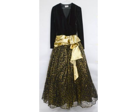 An 80s velvet lame and lace full skirted ball gown with sash by Frank Usher, 2 Jean Muir tops in navy and black, a pair of Br