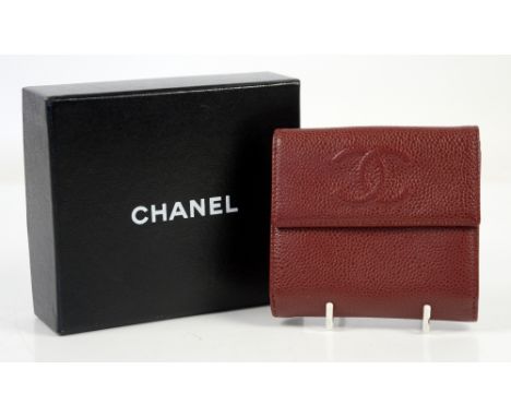 Chanel “caviar” leather bifold purse wallet in deep red lined in grosgrain fabric, with box and id. number 16123581          