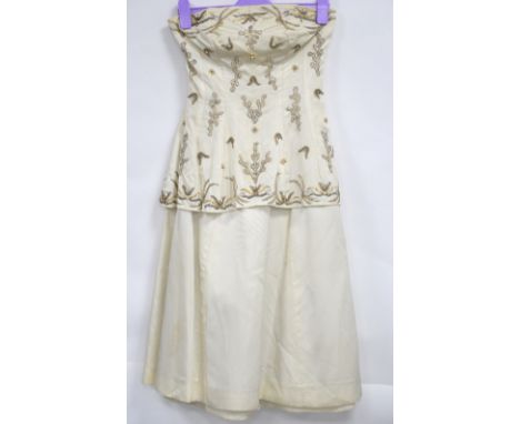 1950s Harrods sleeveless evening dress in cream silk grosgrain with beaded and sequinned bodice and very full skirt approx si