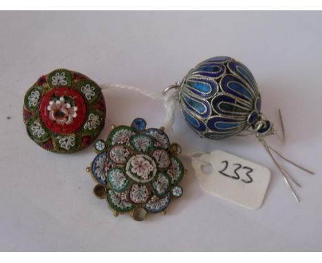 Two Millifiore brooches and an enamel ball pendant   