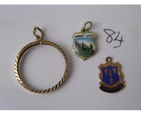 Two 9ct and enamel charms & a 9ct coin mount 3.6g   