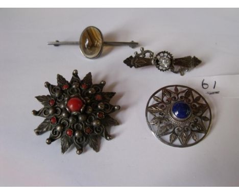 Four antique silver brooches 2 set with coral and  Lapiz 23g inc         