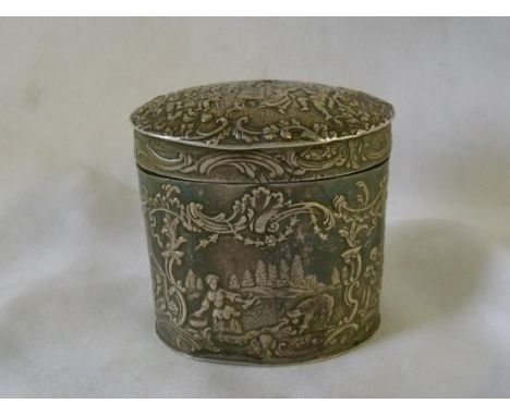 Oval embossed tea caddy hinged cover import mark for  Sheffield 1900 2.5" high        