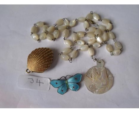 Mother of pearl necklace, enamel butterfly  etc          