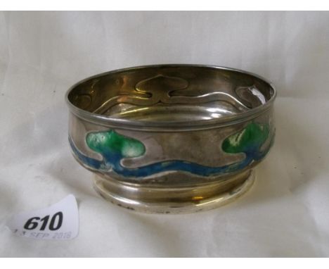 An art nouveau silver and enamel decorated bowl  stamped Connell Cheapside 4" dia 100g     