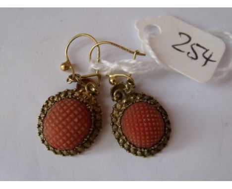 Pair antique gold and coral ear pendants     