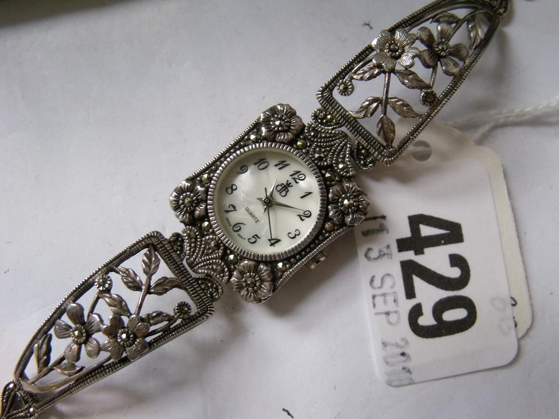 A Fancy Ladies Silver And Marcasite Wristwatch By Brooks & Bentley In 