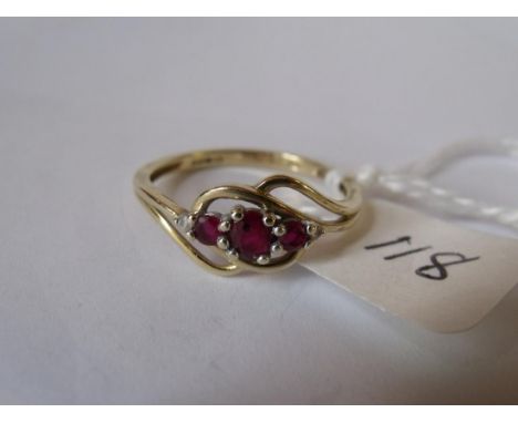 9ct three stone ruby ring approx size O     