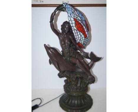 Large lamp in the form of a lady &amp; dolphin with Tiffany style shade (Hairline to arm)Height 73 cm