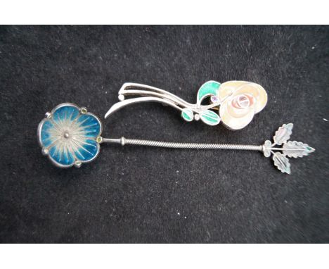 Enamel plique a jour spoon possibly Marius hammer Norway? together with silver plique a jour pin brooch in the style of Charl