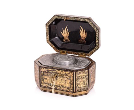 A CHINESE EXPORT LACQUER TEA CADDY
Mid-19th Century, octagonal casket form, gilt black lacquered panels of various scenes inc