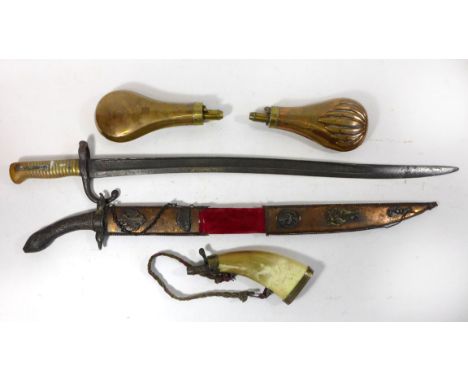 A French chassepot bayonet, circa 187057cm yataghan blade, solid brass grip, two copper and brass powder flasks, horn and bra