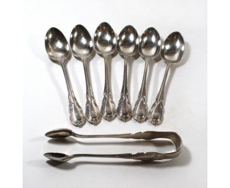 A set of late Victorian hallmarked silver Lily pattern silver dessert spoons and accompanying tongsHenry Wilkinson & Co., She