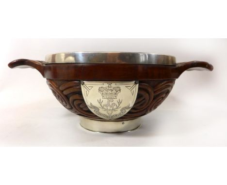 A Scottish Provincial Regimental presentation silver mounted wooden quaich, late 19th CenturyThe wooden quaich by Ferguson & 