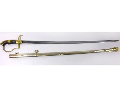 A Turkish WWI period Officers sword, 20th Century72cm curved single edged single fullered blade, brass guard with crescent mo