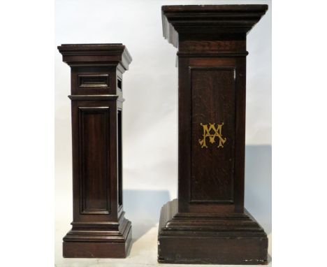 A unusual ceramic column With wood varnish finish,  of square form with moulded cornice over a plain body and stepped foot, w