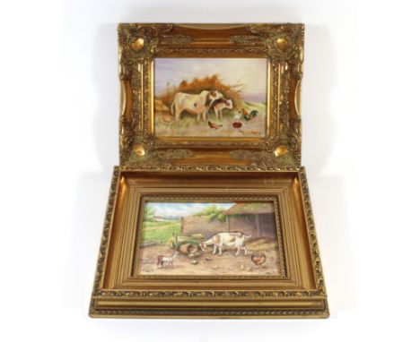 Painted porcelain plaque by Francis Clark, noted Royal Worcester artistDepicting goats and chicken in farmyard scene together