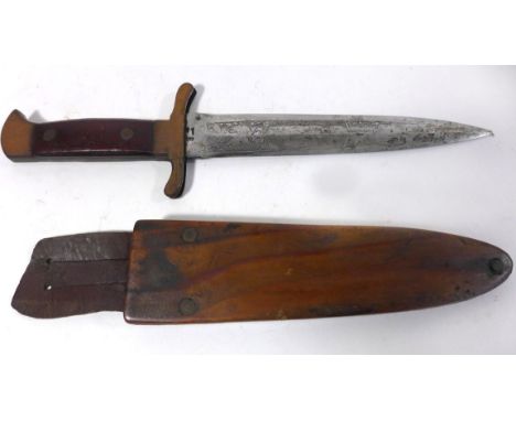 Indian hunting knife, early to mid 20th Century16cm double edged blade, one side of the blade with etched decoration of birds