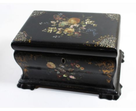 A Victorian lacquered papier mache tea caddyOf rectangular hand-painted with fruit and flowers with mother of pearl inlay and