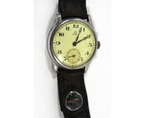 A Gents Omega WWII Military wristwatchThe circular dial with Arabic numerals and subsidiary seconds dial, with black leather 