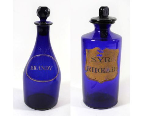 A 19th Century blue glass Apothecary bottle With label reading Syr Rhoead together with a further small Georgian Bristol blue