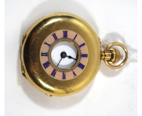 A ladies 18ct gold half hunter pocket watchThe circular outer dial with blue Roman numerals on guilloche enamel, marked Fred 