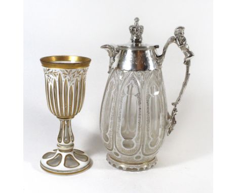 A 19th Century Bohemian clear and opaque glass overlaid jug Fitted with silver-plated and hinged lid with crown finial togeth