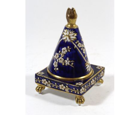 A 19th Century Spode two part pyramid Pastille burnerWith conical shaped cover and ventilated square stand, decorated with gi