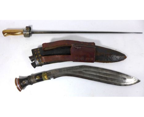 Kukri knife, early to mid 20th Century40cm blade with decorative border, horn grip with copper and brass decoration, leather 