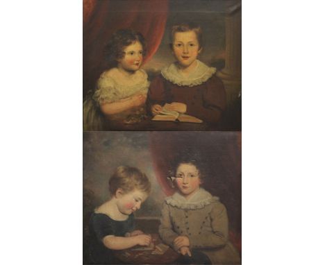 British School (19th Century) 'Children Reading and Playing Cards'Pair of oils on canvas, unsigned, 63x76cm, inset in ornate 