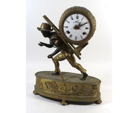A 19th Century style brass mantel clockModelled in the form of a man walking supporting the circular barrel shaped clock face
