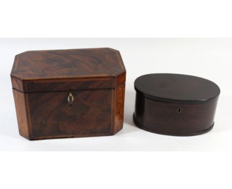 A George III mahogany tea caddyHaving two inlaid corner panels depicting floral motifs, height 12.5cm, length 19cm together w