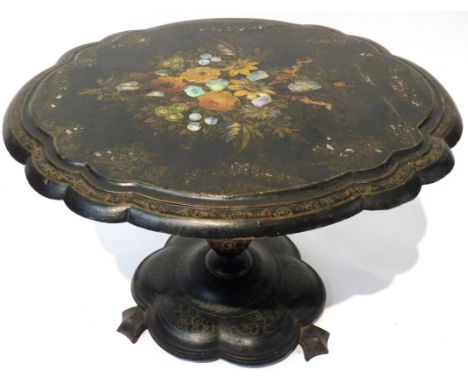 A Victorian papier mache pedestal tableThe black lacquered  top decorated with painted floral design and mother of pearl inla